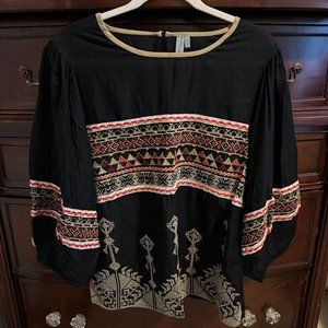Anthropologie Bl-nk Embroidered Puff Sleeve Boat Neck Top - Size M